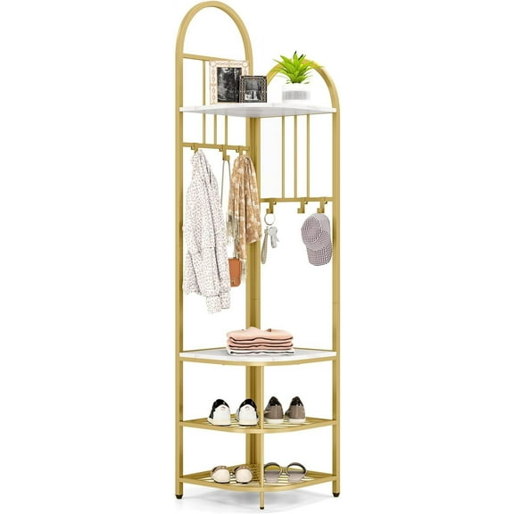 Hyxoo Corner Hall Tree, 71 Inch Tall Entryway Coat Rack with Shoe Bench & 4 Storage Shelves, 6 Movable Hooks, Freestanding Metal Corner Clothes Rack for Bedroom Hallway Living Room,White & Gold