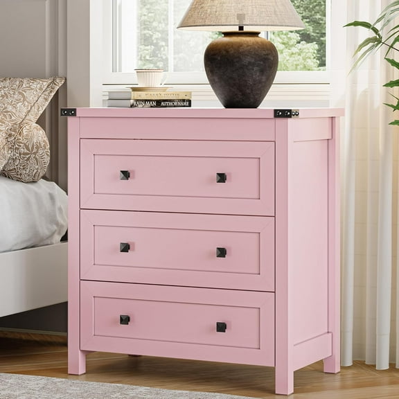 Hyxoo Dresser for Bedroom with 3 Drawers,Small Chests of Drawers,27.55" Wide Farmhouse Wood Nightstand Bedside Cabinet End Table,Modern Closet Storage Organizer for Living Room,Entryway,Hallway,Pink