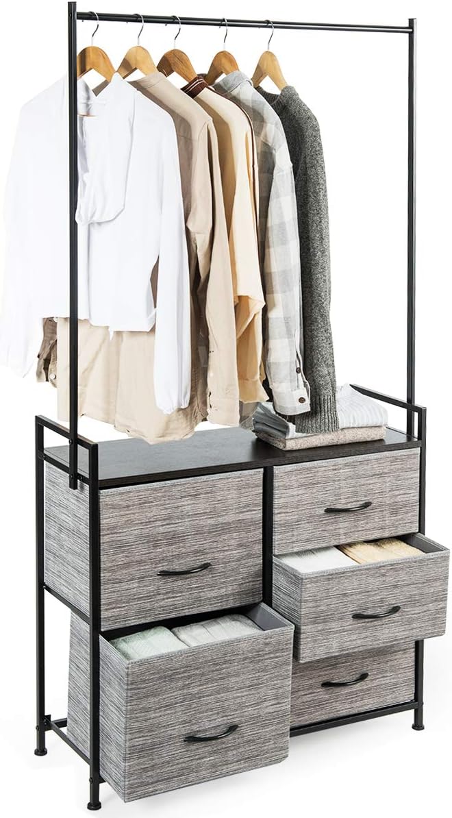 Drawer Rack Clothes Hyxoo Fabric Drawer Dresser w/Clothes Rack, Storage Organizer with ...