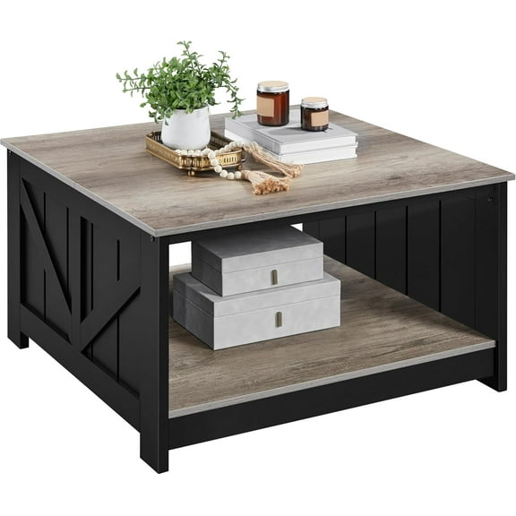 Hyxoo Farmhouse Coffee Table with Storage, Square Coffee Table for Living Room 31.5 Inches Wood Dining Center Tables with Open Storage Compartment, Gray and Black