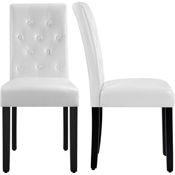 Hyxoo Faux Leather Dining Chairs, Button Tufted Dining Room Chairs with Rubber Wood Legs, Mid-Century Accent Dinner Chair for Living Room/Kitchen, Set of 2，White