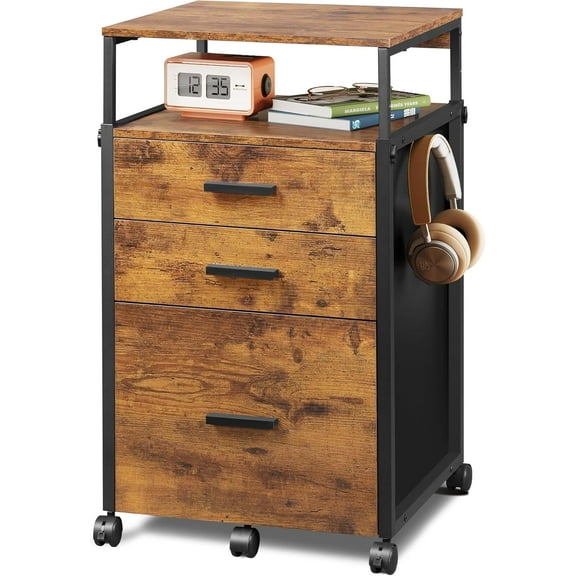Hyxoo File Cabinet with Storage Drawers, Rolling Printer Stand with Adjustable Shelves, Wood Filing Cabinet for Home Office-Rustic Brown
