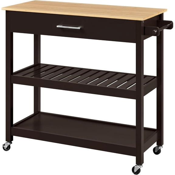Hyxoo Kitchen Island Cart on Wheels with Bamboo Tabletop, 3-Tier Rolling Kitchen Island Microwave Cart with Drawer, Detachable Towel, 3 Hooks，37.5" W × 17" D × 36" H，Espress