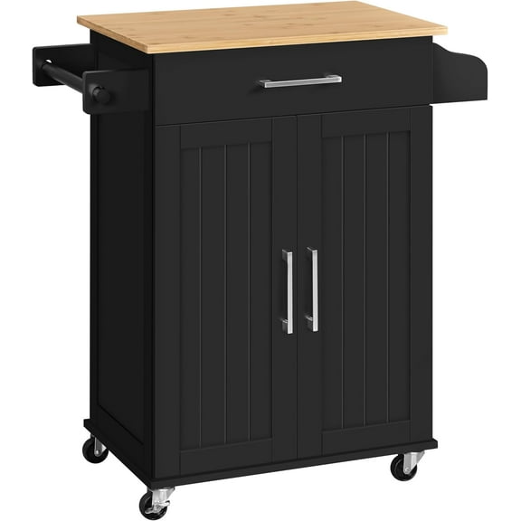 Hyxoo Kitchen Island on Wheels with Storage Cabinet, Rolling Kitchen Cart with Bamboo Top & Drawer & Spice Rack Towel Bar, Microwave Stand Cart for Kitchen/Dining Room, Black