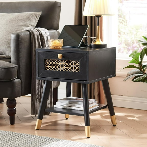 Hyxoo Mid Century Modern End Table with Charging Station - Small Side Table Nightstand with USB Ports & Outlets, Storage Drawer & Open Shelf, Black Wood Furniture for Living Room,Office,Black