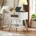 thumbnail image 1 of Hyxoo Mid Century Modern End Table with Charging Station - Small Side Table Nightstand with USB Ports & Outlets, Storage Drawer & Open Shelf, White Wood Furniture for Living Room,Office,White, 1 of 7