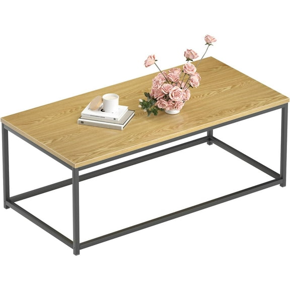 Hyxoo Modern Industrial Style Rectangular Coffee Table for Living Room, Bedroom - Rustic Accent Minimalistic Furniture with Wood Grain Top & Metal Frame - Center TV Table，Brown