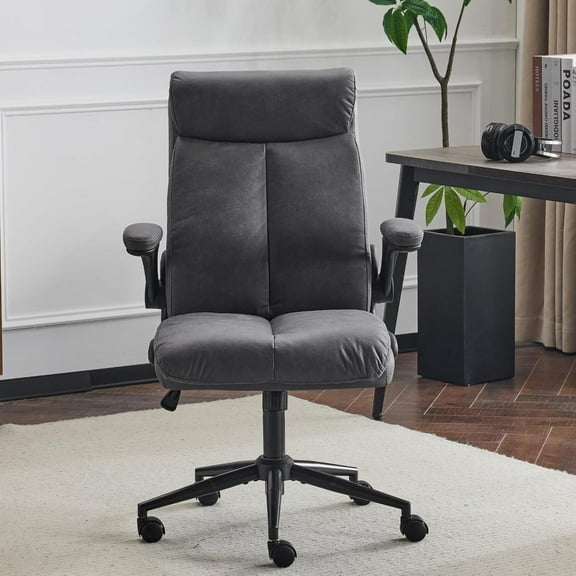 Hyxoo Rolling Ergonomic Office Desk Chair with Padded Flip-up Arms, 360° Swivel High Back Executive Computer Task Chair with Wheels for Game,Home Small Space, Study Room, Reading Room,Pu Grey