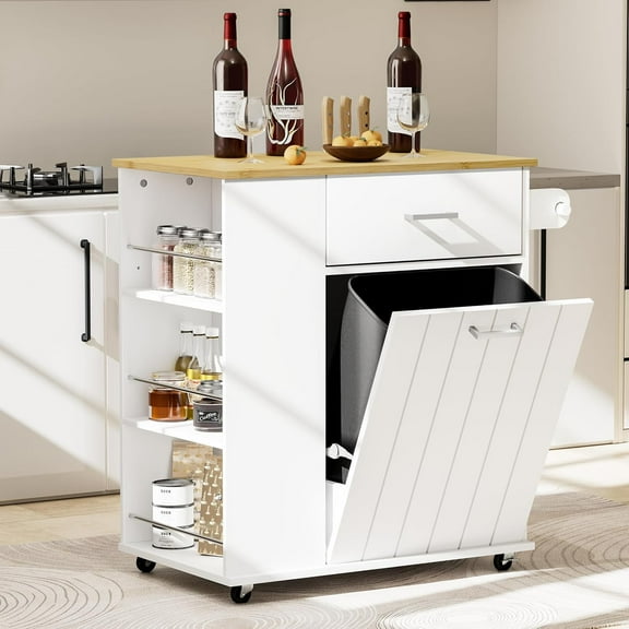 Hyxoo Rolling Kitchen Island with Trash Can Storage, Portable Kitchen Island on Wheels with Towel Rack & Spice Rack, Tilt Out Trash Can Cabinet with Drawer, Mobile Island Cart，White