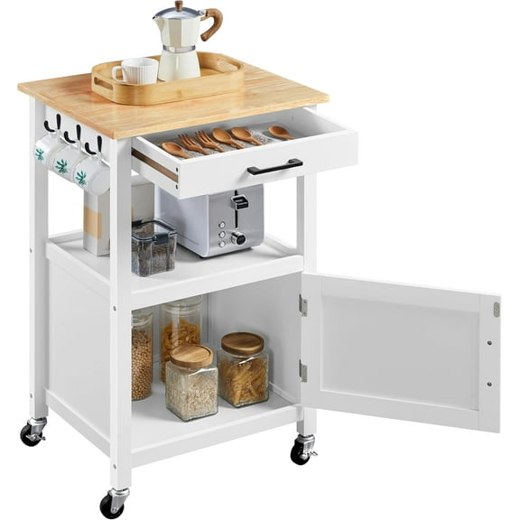 Hyxoo Rolling Kitchen Island Utility Cart on Wheels with Wood Top, Storage Drawer Shelf and Side Hooks, for Dining Rooms Kitchens Living Rooms, White