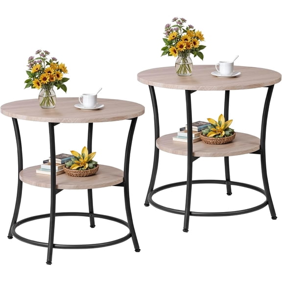 Hyxoo Set of 2 Side Table, 2-Tier Small End Table, Round Nightstand with 2 Storage Shelves for Living Room, Bedroom, Office