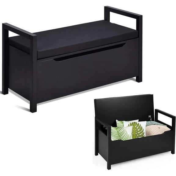 Hyxoo Shoe Storage Bench with Cushion, Entryway Storage Benches, End of Bed Bench for Bedroom, Wood Shoe Bench with Seat, 34" L×15" W×19" H, Black