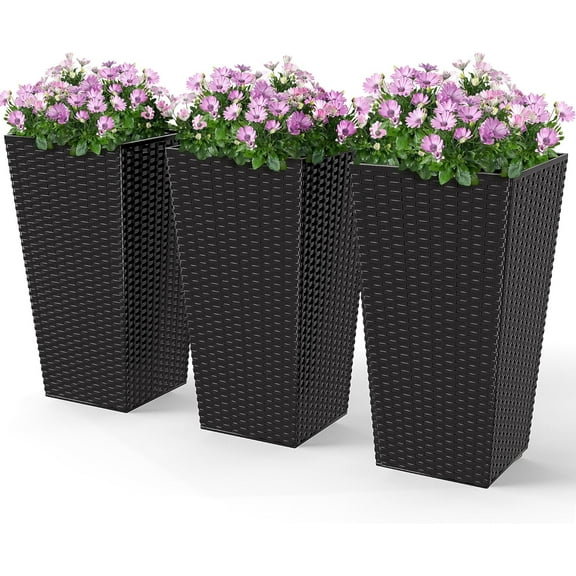 Hyxoo Tall Planters for Outdoor Plants Set of 3, 24 in Taper Planters with Drainage Holes, Rattan Decor Plant Pots for Indoor Outdoor Front Porch Patio Backyard, Black