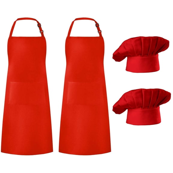 Hyzrz 2 Pack Apron Chef Hat Set, Adjustable Bib Cooking Aprons Water Drop Resistant Baker Kitchen Cooking for Women Men Chef (Red)