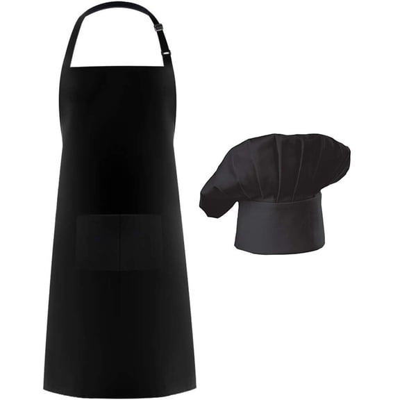 Hyzrz Chef Apron Set, Chef Hat and Kitchen Apron Adult Adjustable Apron with Butcher Hat Baker Costume Kitchen Pocket Apron for Men and Women (Black)