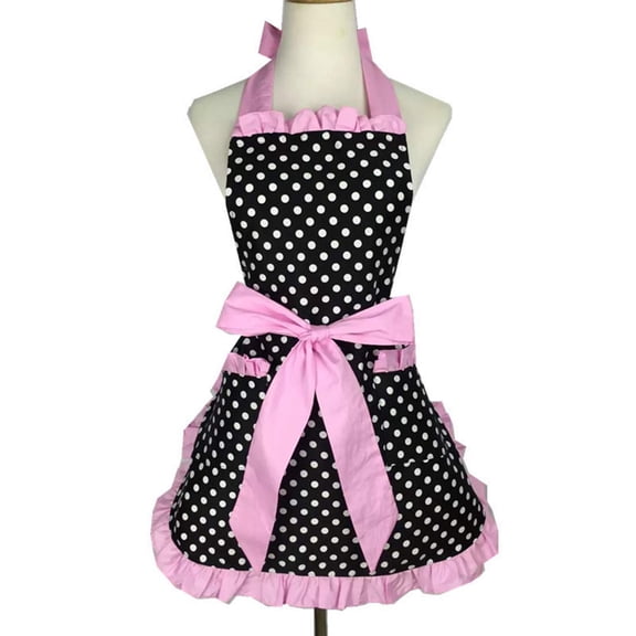 Hyzrz Cute Apron Retro Black Polka Dot Retro Ruffle Side Vintage Cooking Aprons with Pockets for Women Girls (Side Pink)