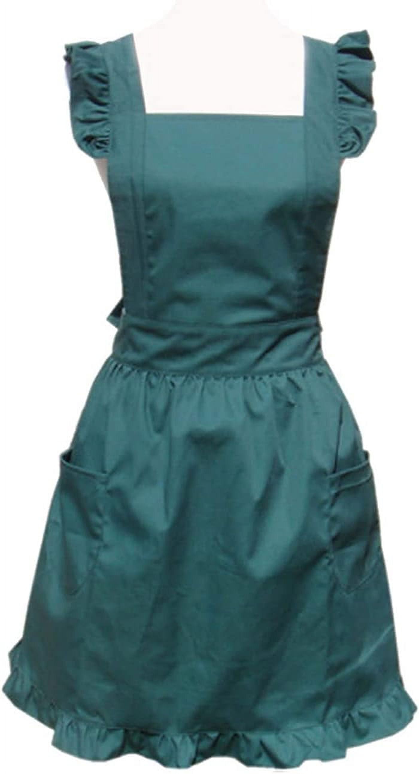 Green Cotton Vintage Ruffled Kitchen Apron with Pockets
