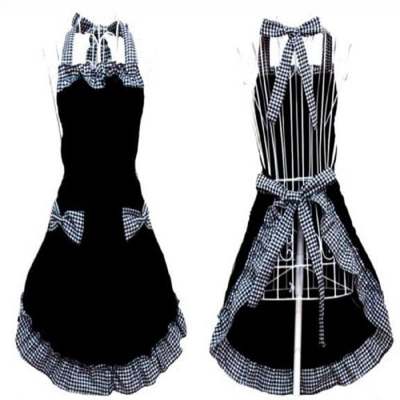 Hyzrz Cute Retro Lovely Vintage Lady's Kitchen Fashion Flirty Women's Aprons with Pockets Black Patterns for Mother's Day Gift