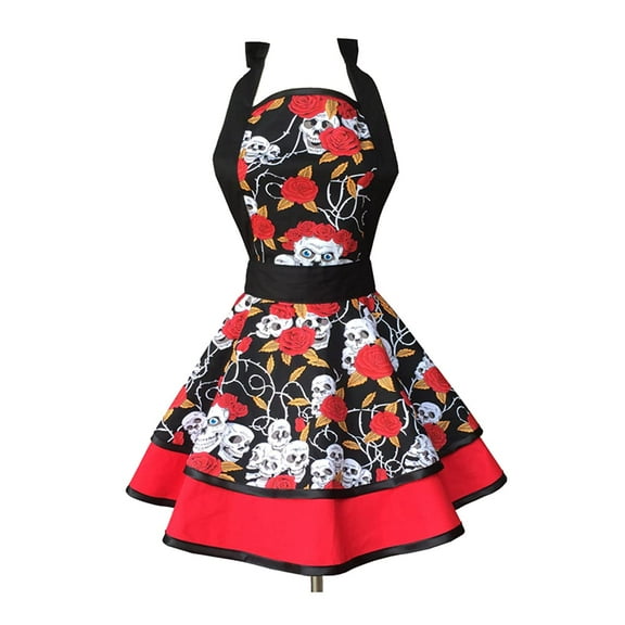 Hyzrz Halloween skull Featured Retro Aprons for Women Girls Cake Kitchen Cook Apron for Mother's Gift (Skull head)