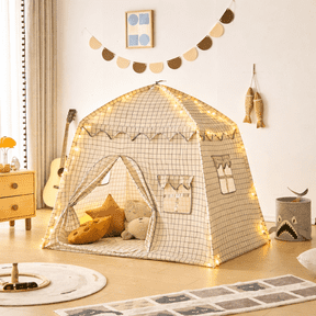 Hzfnon Kids Canvas Play Tent, Foldable Indoor Outdoor Playhouse with Star Lights & Bunting Flags