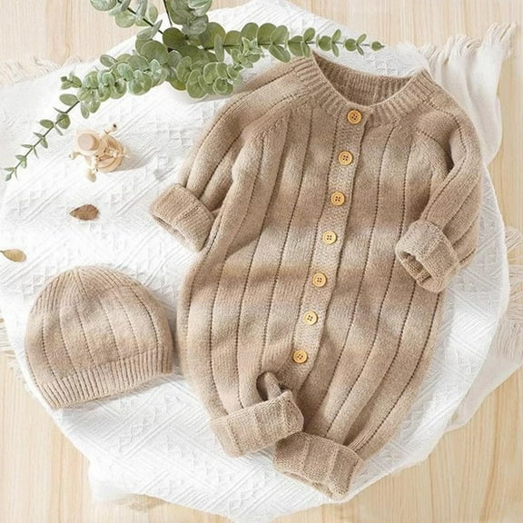 Hzgobj Baby Outfit Cotton Knit Newborn Infant Romper Knitted Longsleeve Sweater Clothes With Warm Hat Set Toddler Boy Girl for 6Months-3Years