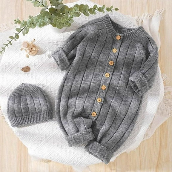 Hzgobj Baby Outfit Cotton Knit Newborn Infant Romper Knitted Longsleeve Sweater Clothes With Warm Hat Set Toddler Boy Girl for 6Months-3Years