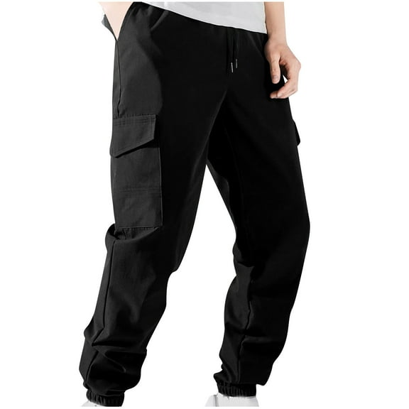 Hzgobj Men's Casual Cargo Pants Workout Joggers Stretch Sweatpants Hiking Drawstring Tactical Pants with Multi Pockets Cotton Athletic Jogger Hiking Pants Loose Straight Sweatpants
