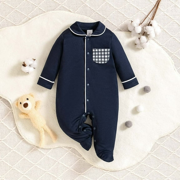 Hzgobj Newborn Infant Baby Boy Girl Fall Winter Clothes Long Sleeve Button Waffle Knit Footed Romper Outfit Long-sleeved Bodysuit Baby Romper