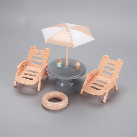 Hzrsly Miniature Beach Scene Set - Adorable Plastic Beach Chairs, Sun Umbrella, Table, Swimming Ring, and Ice Creams - Perfect for Dollhouses, Dioramas, and Desk Decorations(Khaki)