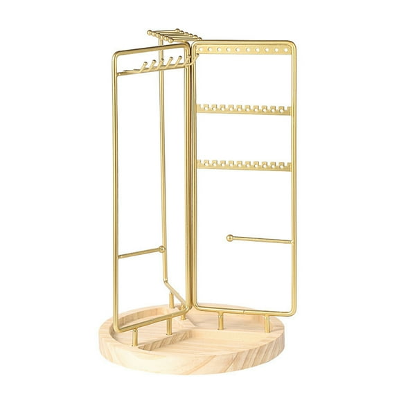 Hzrsly Rotatable Metal Jewelry Stand Wooden Storage Rack Necklace Organizer Home Display Decoration Multi-Layer Makeup and Jewelry Holder