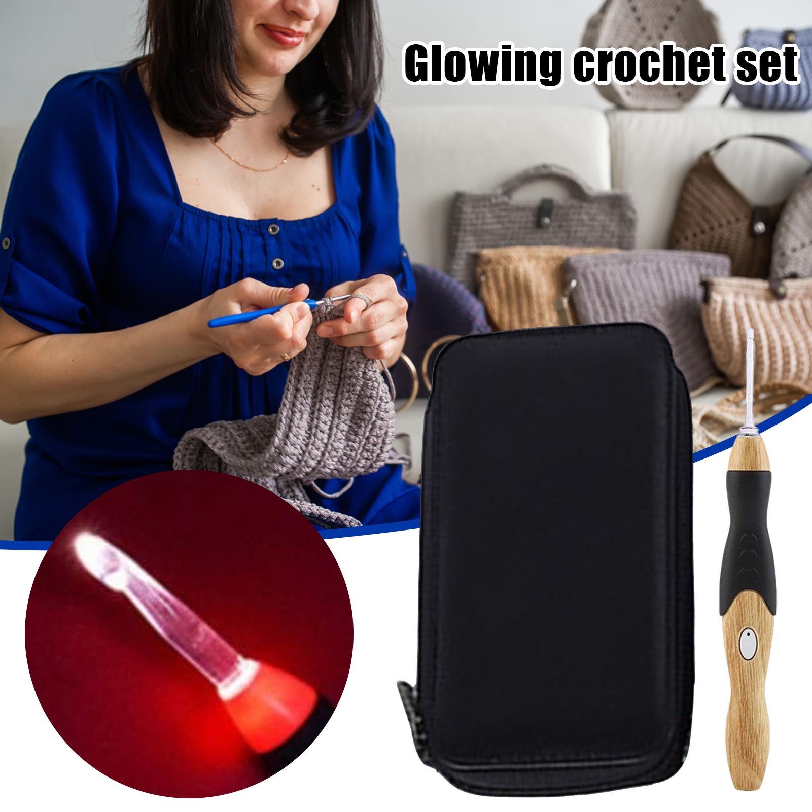 9 En 1 Usb Rechargeable Light Up Crochets, Led Dimmable Crochet Set Avec 9 Tetes Interchangeables 25 Mm