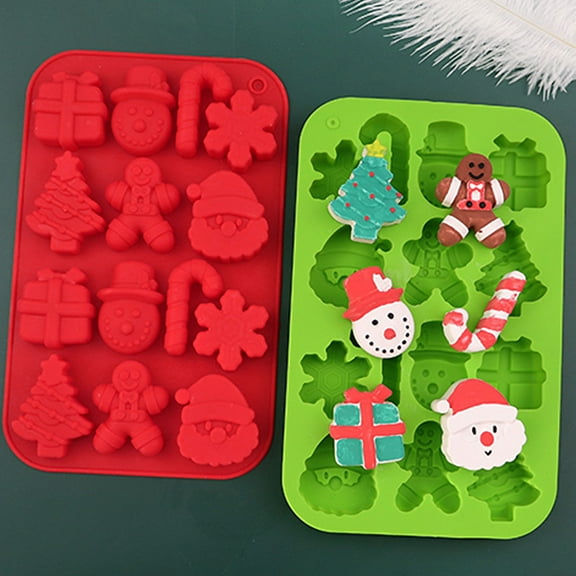 Hzsb Christmas Silicone Mold 14 Cavities Santa Snowman Tree Cane Gift Box Non-stick Food Grade Easy Release DIY Fondant Chocolate Candy Biscuit Jelly Ice Cake Baking Mold