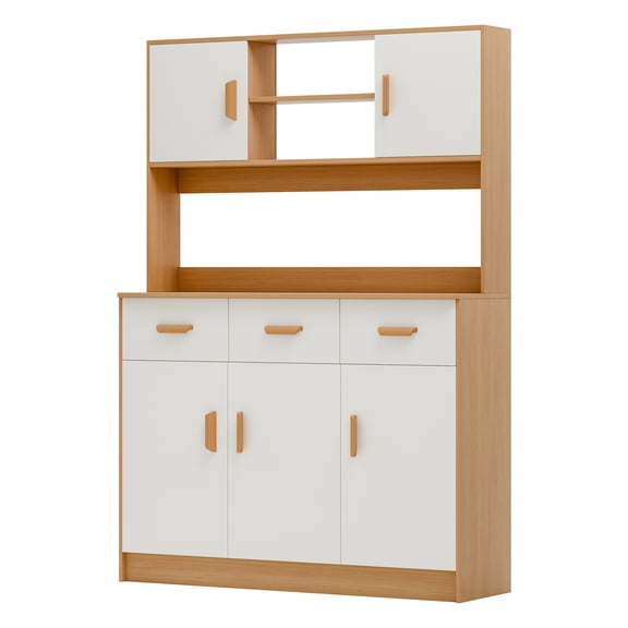 Hzsb Kitchen Pantry Storage Cabinet, Freestanding Hutch Cabinet with Buffet Cupboard, Utility Pantry with Microwave Stand, Household Wall Tall Sideboard with 3 Drawers, 5 Doors and Open Shelves