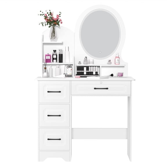 Hzsb Large Vanity Table Set with Lighted Mirror ,Makeup Vanity Dressing Table with 4 Drawers and 3 Open Shelves,White