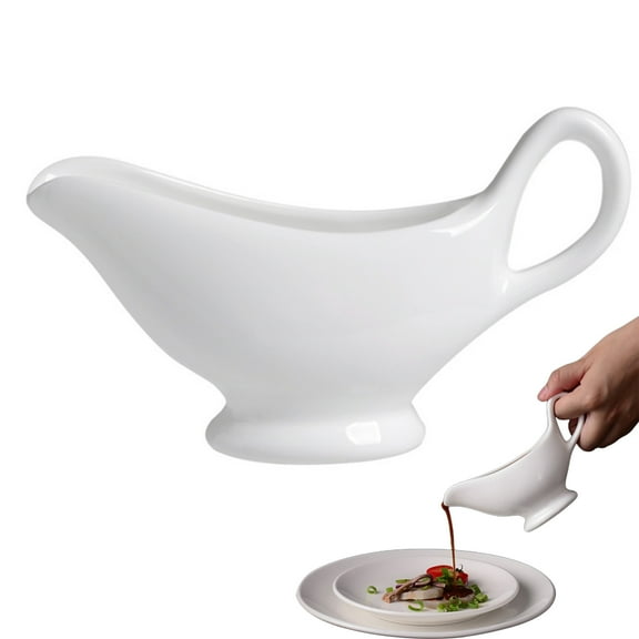 Hzsb White Ceramic Gravy Boat Sauce Server with Large Pour Spout Non-Slip Bottom Gravy Dispenser for Gravy Salad Dressings