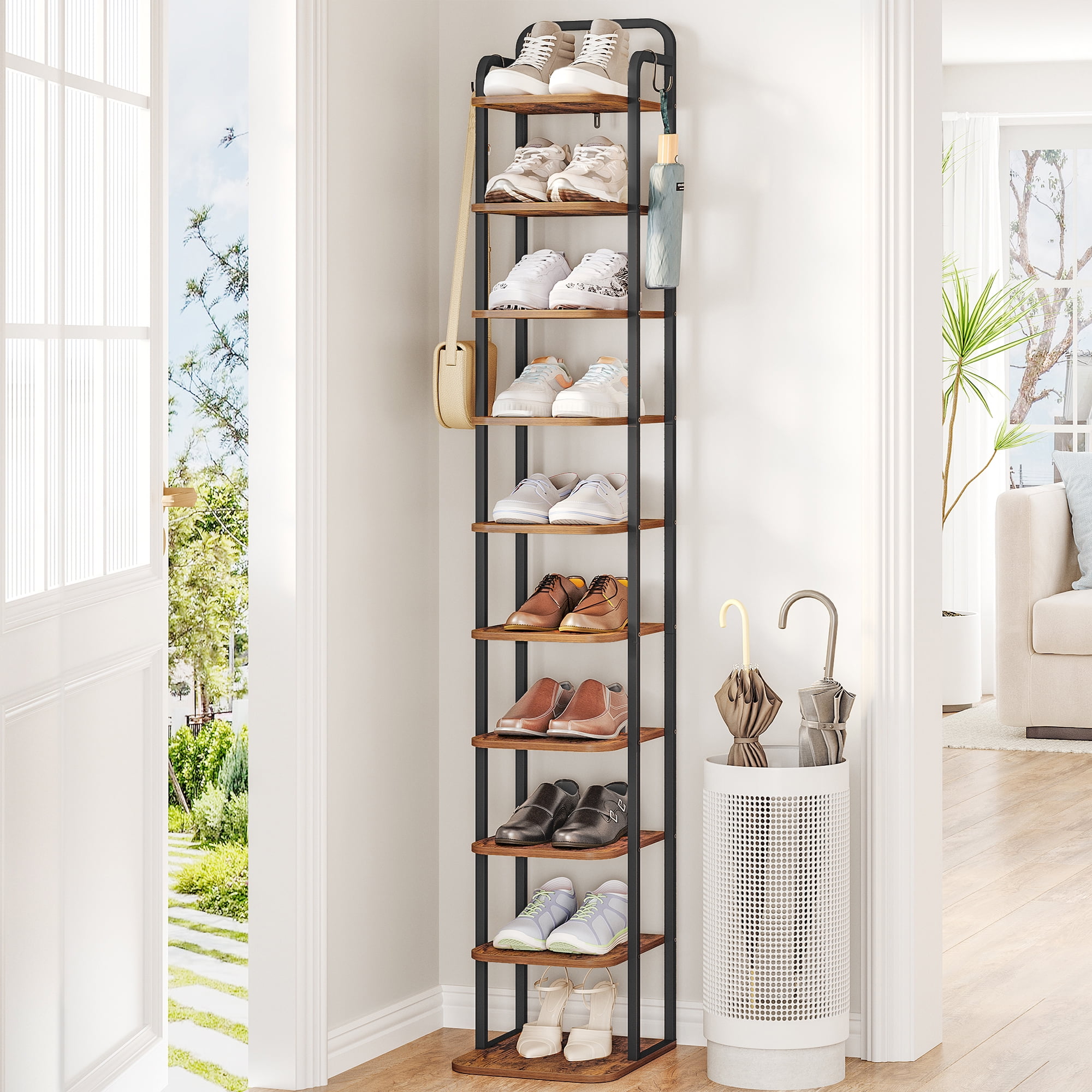 Hzuaneri 10-Tier Vertical Shoe Rack with 2 Hooks, Rustic Brown and Bla