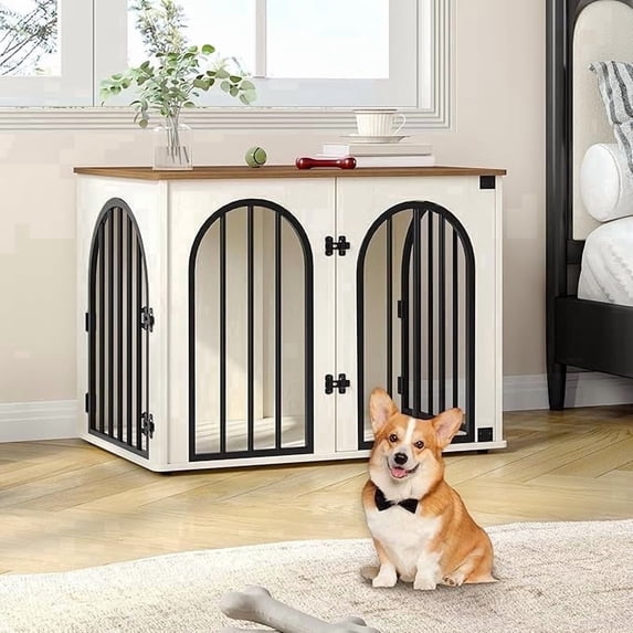 Hzuaneri 31.5in Dog Crate Furniture, Heavy Duty Wooden Kennel for Small to Medium Dogs with Cushion, Decorative Pet House Side End Table, White Brown