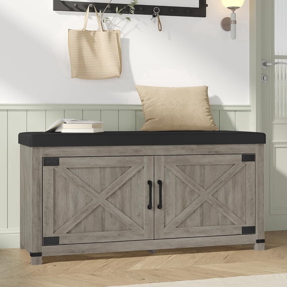 Hzuaneri 39.4" Shoe Storage Bench with Padded Seat and Barn Doors for Entryway, Shoe Rack Bench with Adjustable Shelf, Greige