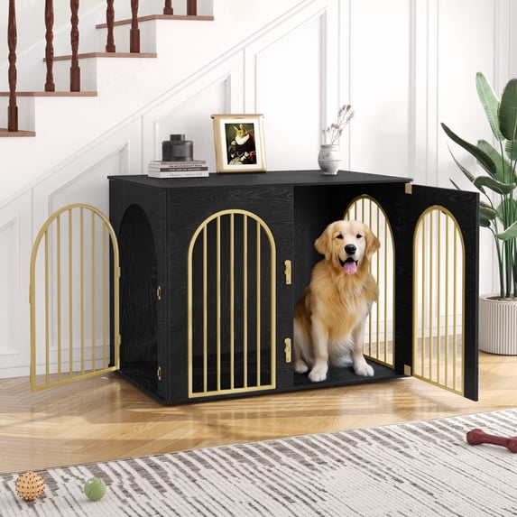 Hzuaneri 44.1" Wooden Dog Crate Furniture, Indoor Dog Cage for Medium to Large Dog, Decorative Pet House Side End Table TV Stand, Chew-Resistant, Black Gold