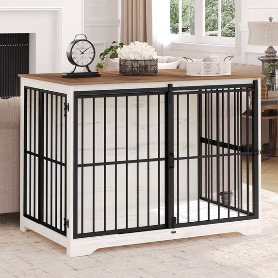 Hzuaneri 47 Inch Dog Crate Furniture, XXL Indoor Dog Kennel for Extra Large Dog with Barn Door, Heavy Duty Wooden Dog Cage as TV Stand & End Table, Anti-Chew, White Brown