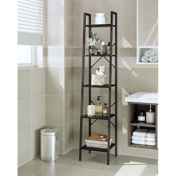 Hzuaneri 5 Tier Leaning Ladder Bookcase, Particle Board Steel Black, 13.64" x 11.80" x 63.00 "