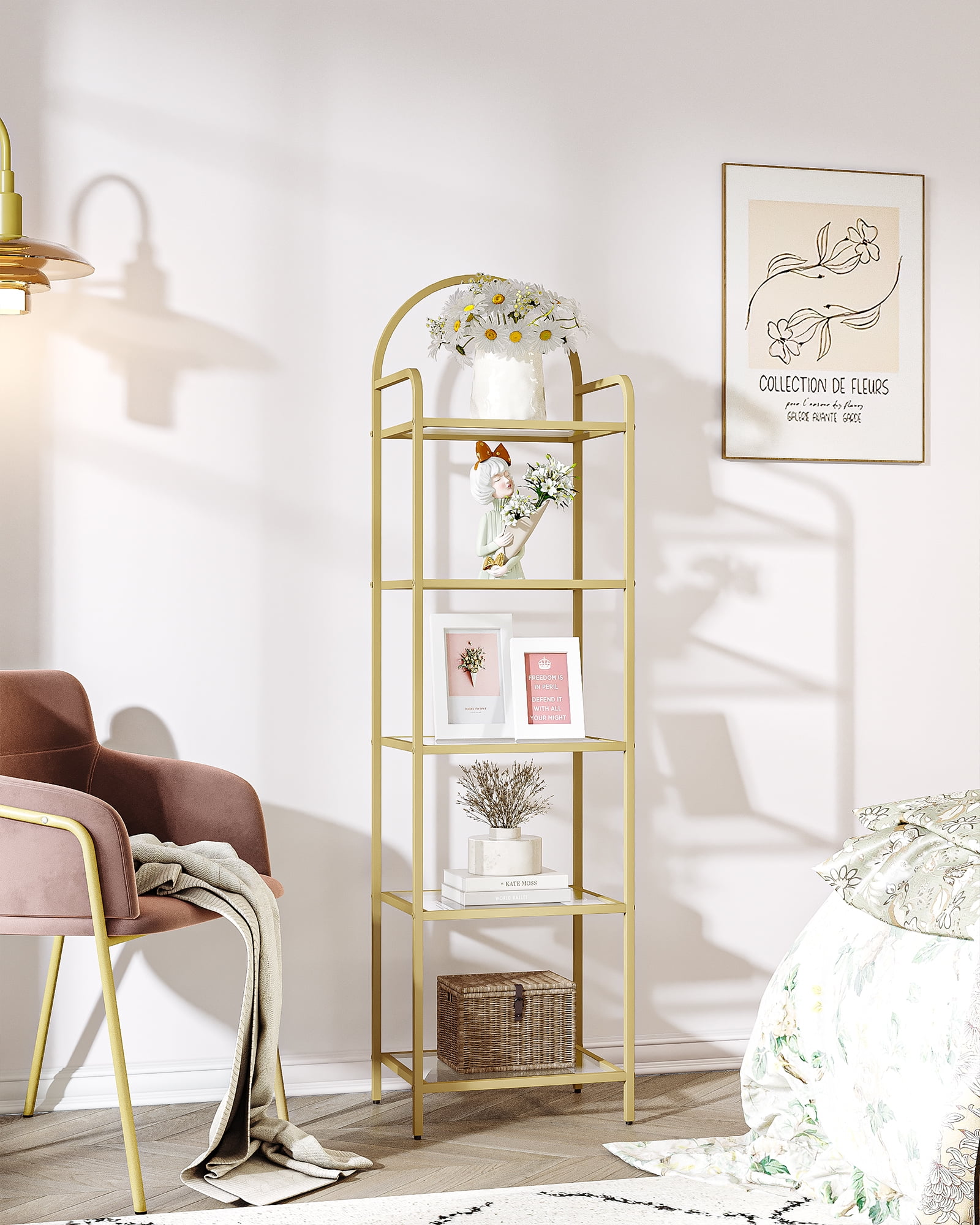 Hzuaneri 5 Tier Leaning Shelf, Tempered Glass Modern Metal Bookshelf ...