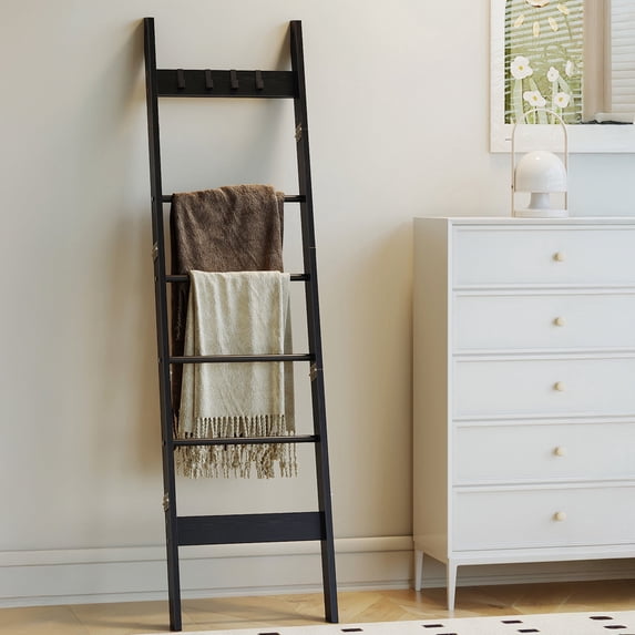 Hzuaneri 6-Tier Blanket Ladder with Hooks, 5.6Ft Wall Leaning Blanket Ladder, 4 Removable Hooks for Living Room, Bedroom Bathroom, Decorative Quilt Rack Easy to Assemble, Black