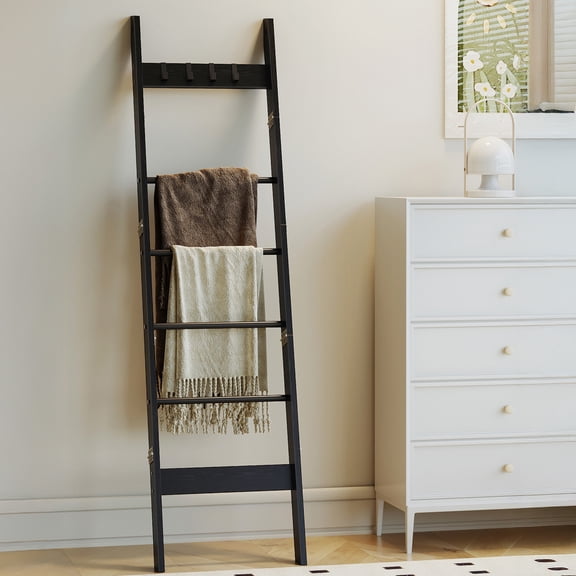 Hzuaneri 6-Tier Blanket Ladder with Hooks, 5.6Ft Wall Leaning Blanket Ladder, 4 Removable Hooks for Living Room, Bedroom Bathroom, Decorative Quilt Rack Easy to Assemble, Black