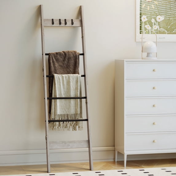 Hzuaneri 6-Tier Blanket Ladder with Hooks, 5.6Ft Wall Leaning Blanket Ladder, 4 Removable Hooks for Living Room, Bedroom Bathroom, Decorative Quilt Rack Easy to Assemble, Greige