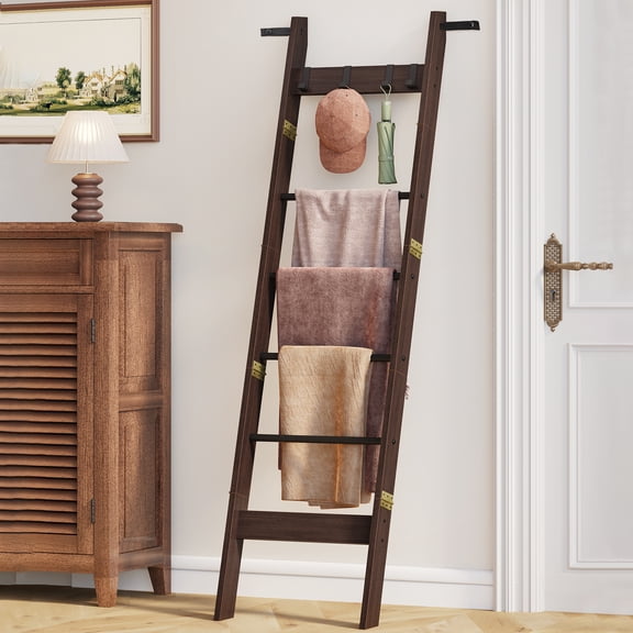 Hzuaneri 6-Tier Blanket Ladder with Hooks, 5.6Ft Wall Leaning Blanket Ladder, 4 Removable Hooks for Living Room, Bedroom Bathroom, Decorative Quilt Rack Easy to Assemble, Black Tea Brown