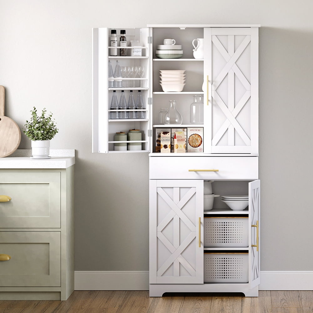 White and Gold 72" Particleboard Kitchen Pantry Cabinet with Adjustable Shelves