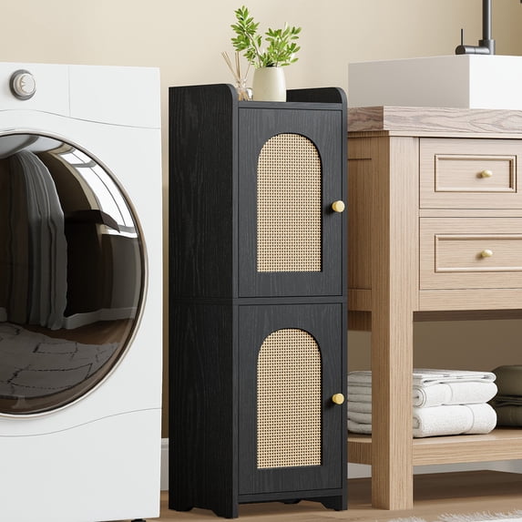 Hzuaneri Bathroom Storage Cabinet, 29.5" Tall Small Corner Freestanding Floor Cabinet with 2 Doors & Adjustable Shelf for Narrow Spaces, Black