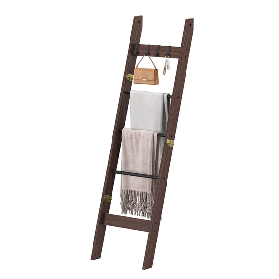 Hzuaneri Blanket Ladder for Living Room, 5-Tier Farmhouse Ladder Holder with 4 Hooks, 5ft 3 inch Rustic Decorative Farmhouse Blanket Holder Rack Easy Assembly - Black Tea Brown