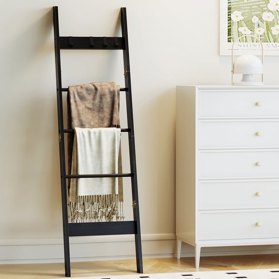 Hzuaneri Blanket Ladder for Living Room, 5-Tier Farmhouse Ladder Holder with 4 Hooks, 5ft 3 inch Rustic Decorative Farmhouse Blanket Holder Rack Easy Assembly - Black
